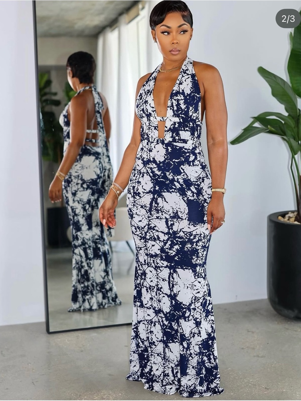 Navy & White Tie-Dye Halter Maxi Dress